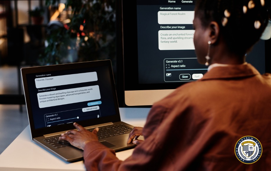 Osoba korzysta z generatora tekstu AI na laptopie, widoczne są dwa ekrany pokazujące interfejs z polami do wprowadzania nazwy generacji i opisu obrazu. Na monitorze widać przykładowy prompt o tematyce magicznego lasu.