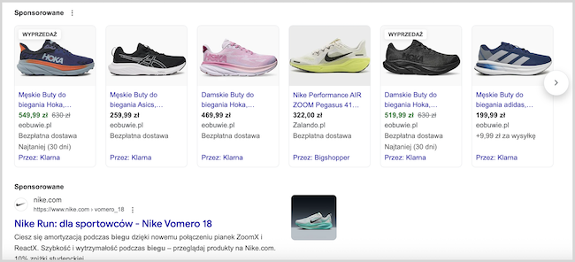 Zrzut ekranu wyszukiwarki Google po wpisaniu" najlepsze buty do biegania" reklamy produktowe sponsorowane