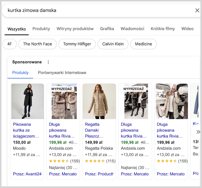 Zrzut ekranu wyszukiwarki google po wpisaniu "kurtka zimowa damska" - reklamy sponsorowane