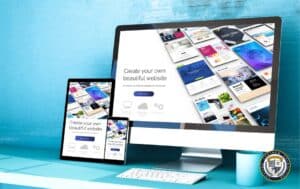Przykład interfejsu WordPress pokazujący co to jest WordPress - system do tworzenia stron internetowych wyświetlony na różnych urządzeniach: monitorze, tablecie i smartfonie, z galerią szablonów stron i przyciskiem 'Start Now"