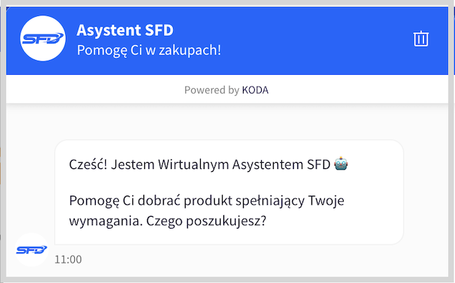 Zrzut ekranu Asystenta SFD - wirtualnego czatbota