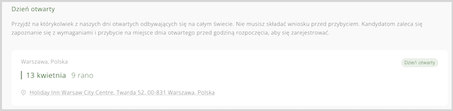 Zrzut ekranu zaproszenia na dni otwarte do linii Emirates