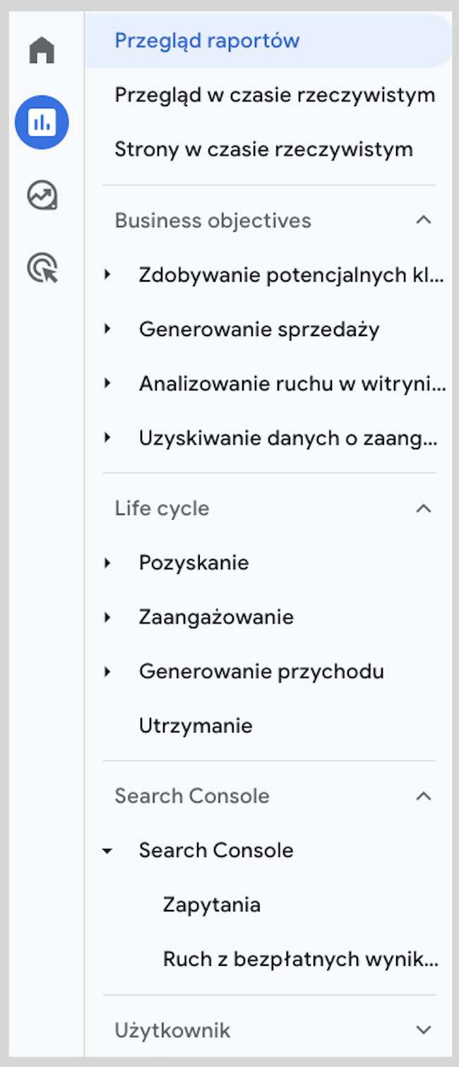 Zrzut ekranu panelu administracyjnego Google Analytics