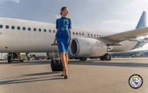 Zdjęcie przedstawia stewardesę w niebieskim mundurze idącą po płycie lotniska z walizką, w tle widoczny jest samolot pasażerski. Scena pokazuje profesjonalną członkinię załogi linii lotniczych podczas pracy na lotnisku.