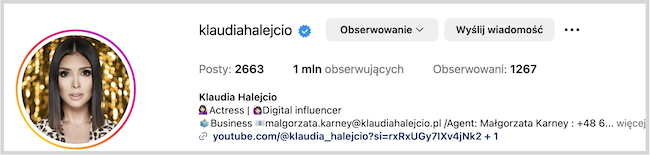 Zrzut ekranu z Instagrama z profilu instagramerki-influencerki "Klaudia Halejcio"