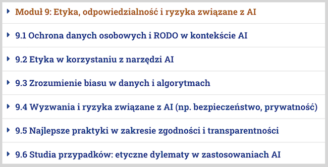 Zrżut ekranu modułu 9 kursu AI: Etyka, odpowiedzialność i ryzyka związane z AI