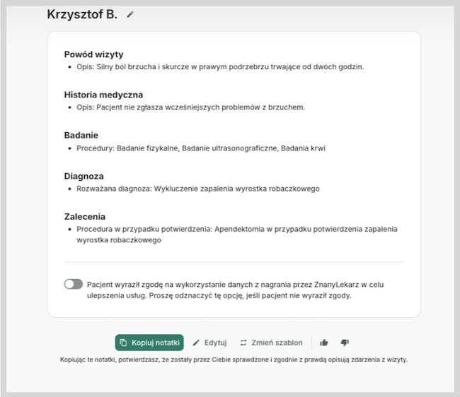 Zrzut ekranu prezentujący narzędzie AI dla lekarzy - AI robi notatki z wizyt pacjenta