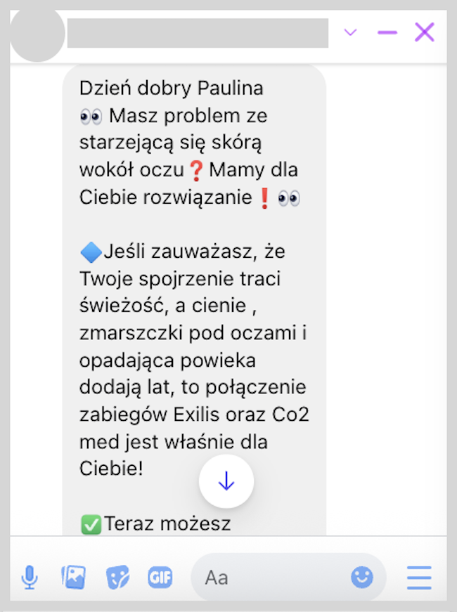 Zrzut ekranu spersonalizowanej wiadomośći na facebooku