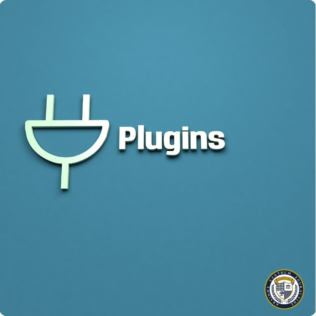 Symbol wtyczki i napis 'Plugins' na niebieskim tle, przedstawiający koncepcję wtyczek WordPress