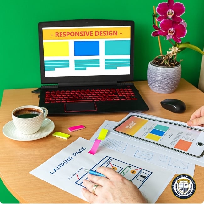 Przestrzeń robocza z laptopem wyświetlającym responsywny design oraz szkicami landing page'a na biurku