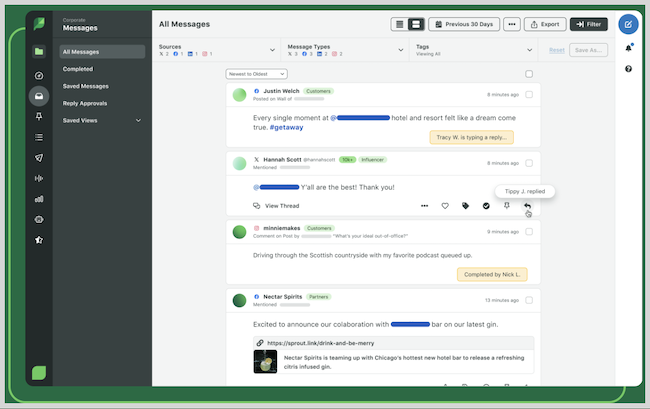 Zrzut ekranu landingu Sprout Social prezentujący wnętrze platformy 
