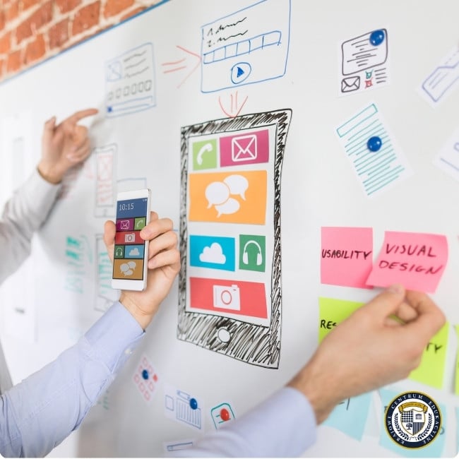  Ludzie współpracujący przy projekcie UX/UI z tablicą pokazującą szkice interfejsu aplikacji mobilnej, szkielety i karteczki samoprzylepne z terminami takimi jak "USABILITY" i "VISUAL DESIGN".