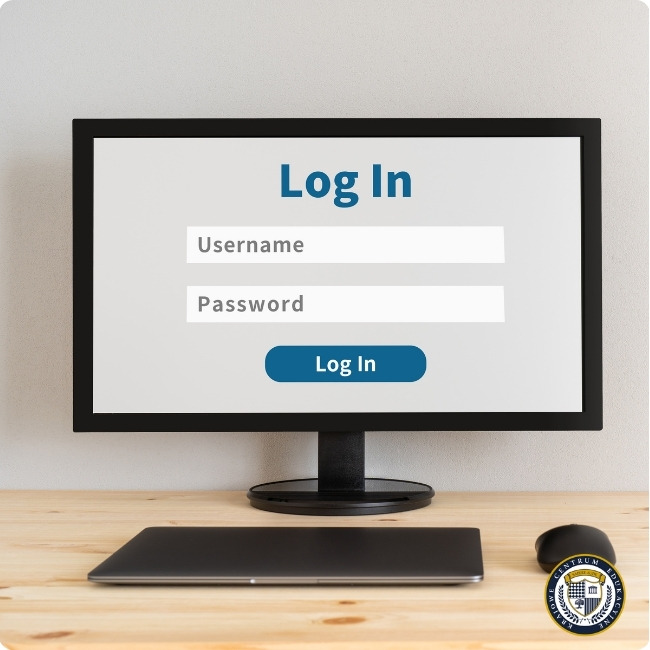 Monitor komputera wyświetlający ekran logowania z polami na nazwę użytkownika, hasło oraz niebieski przycisk "Log In"