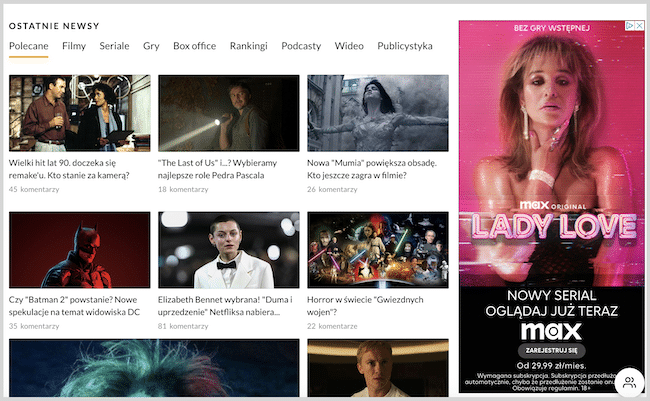 Reklama sponsorowana po prawej stronie na portalu filmweb.pl