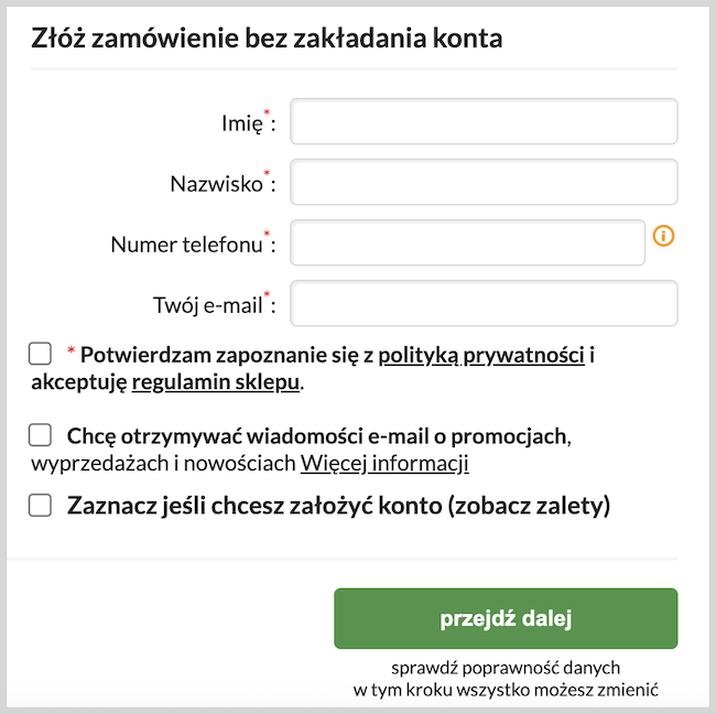 Zrzut ekranu ze strony bee.pl prezentujący formularz złożenia zamówienia bez zakładania konta