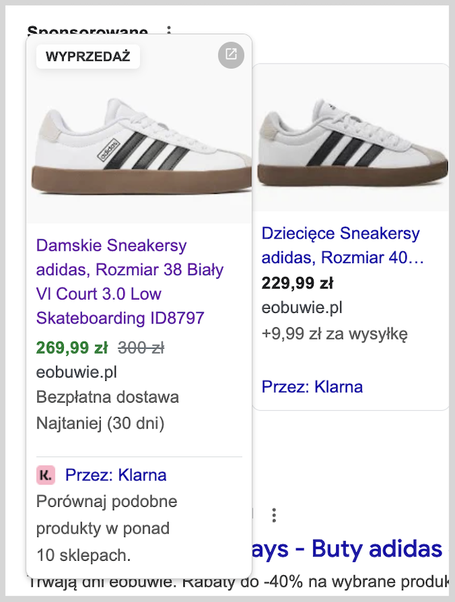 Zrzut ekranu z google po wpisaniu w wyszukiwarkę: buty adidas damskie - reklama produktowa