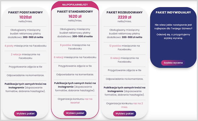 Zrzut ekranu cennika prowadzenia social media agencji Dais