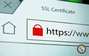 Ekran komputera pokazujący certyfikat SSL. Widoczna czerwona ikona kłódki przy adresie "https://", tekst "SSL Certificate" oraz ikony nawigacji. Obraz przedstawia zabezpieczone połączenie internetowe.