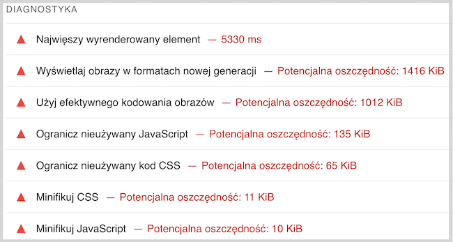 Zrzut ekranu diagnostyki w narzędziu PageSpeed Insights
