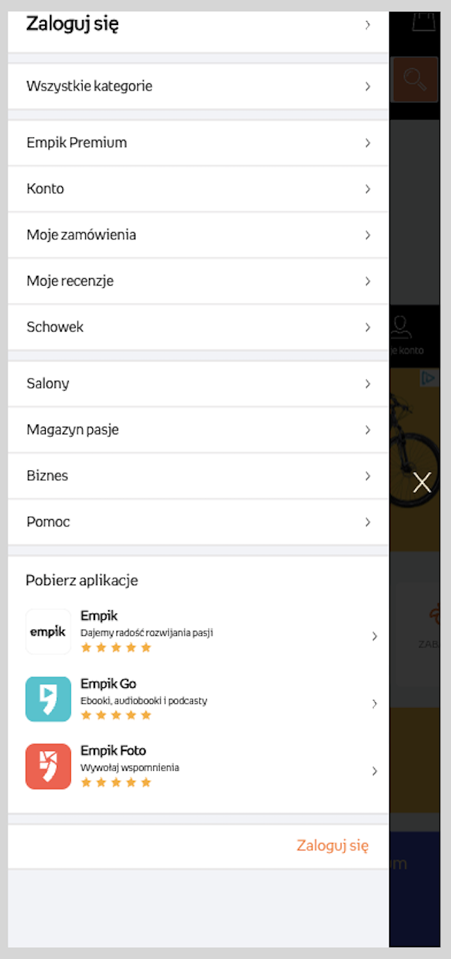 Zrzut strony empik w formie mobile - menu hamburgerowe rozwinięte