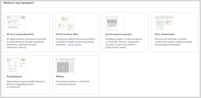 Zrzut ekranu z Google Ads - typ kampanii, zaznaczone "performance max"