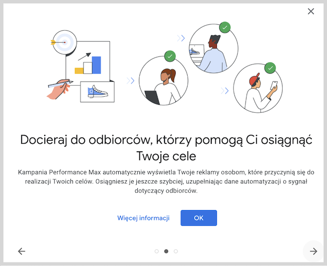 Zrzut ekranu kampanii w google ads "Docieraj do odbiorców, którzy pomogą Ci osiągnąć Twoje cele"