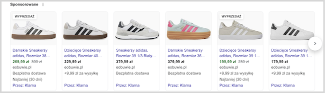 Zrzut ekranu z google po wpisaniu w wyszukiwarkę: buty adidas damskie - reklama produktowa
