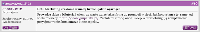 Zrzut ekranu komentarza na forum wizaż z linkiem promującym firmę