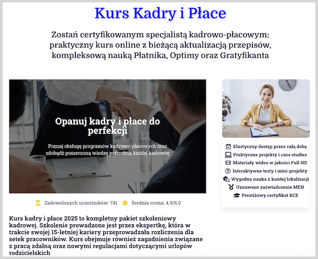 Zrzut ekranu zawierający dobrze zaplanowany landing page np. kursu kadry i płace