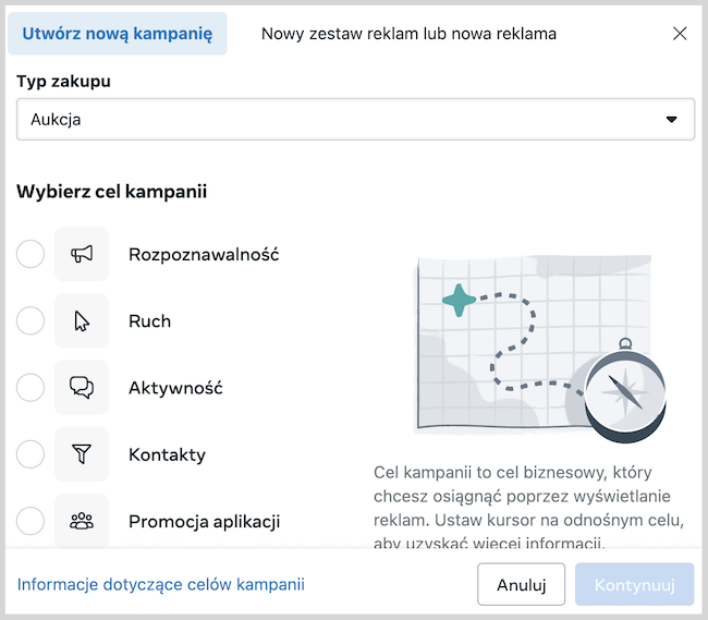 Zrzut ekranu menedżera reklam na Facebooku, widok z utworzenia kampanii