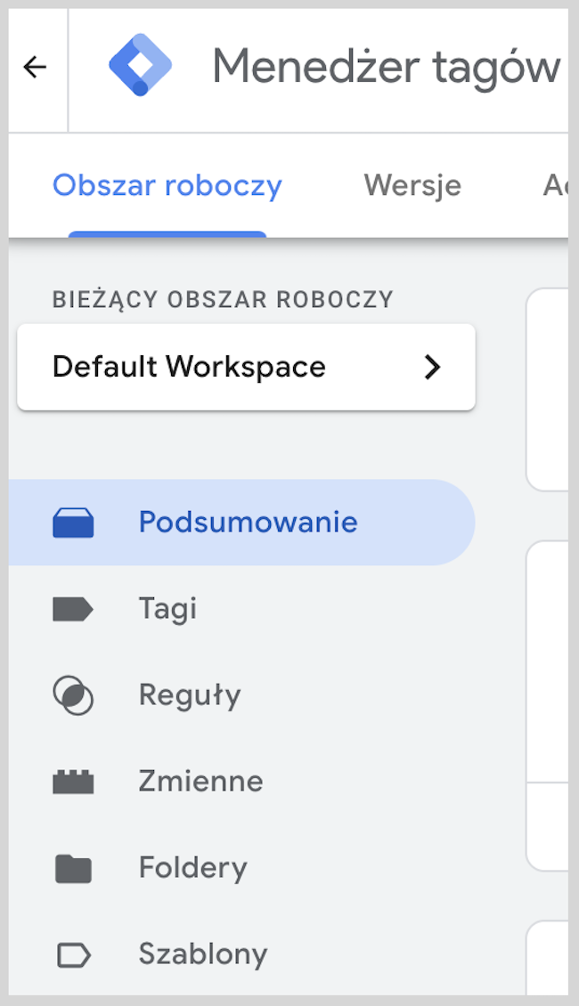Zrzut ekranu z Google Tag Manager - panel administracyjny