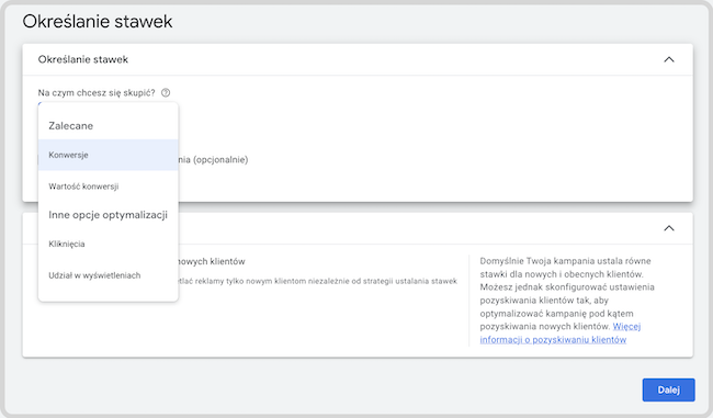 Menu wyboru strategii optymalizacji kampanii w Google Ads - różne opcje odpowiadają różnym modelom kosztów (PPC, CPM, CPA)