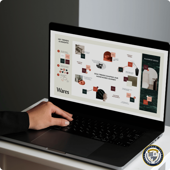 Budowanie marki osobistej - laptop wyświetlający stronę z trendami i analizami, osoba przeglądająca profesjonalny layout z infografiką na temat kluczowych trendów