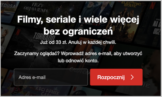 Zrzut ekranu landingu Netflixa