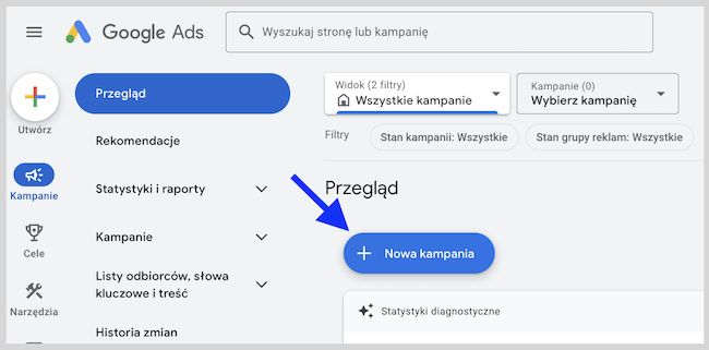 Widok ze strony Google Ads, strzałka na przycisku "Nowa kampania"