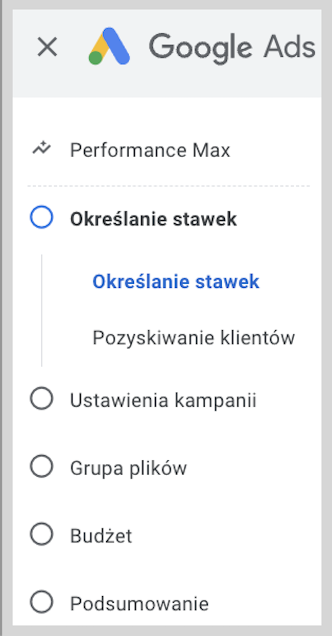 Zrzut ekranu panelu administracyjnego Google Ads kampania Performance Max
