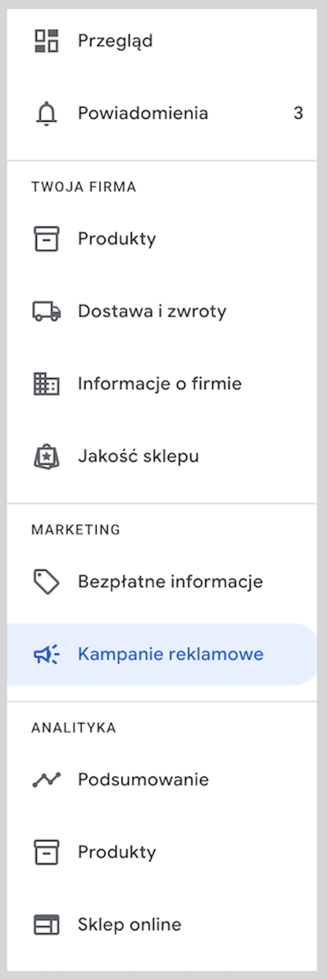 Zrzut ekranu panelu administracyjnego Merchant Center