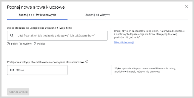 Widok z planera słów kluczowych na stronie Google Ads