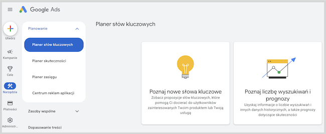 Planer słów kluczowych w Google Ads
