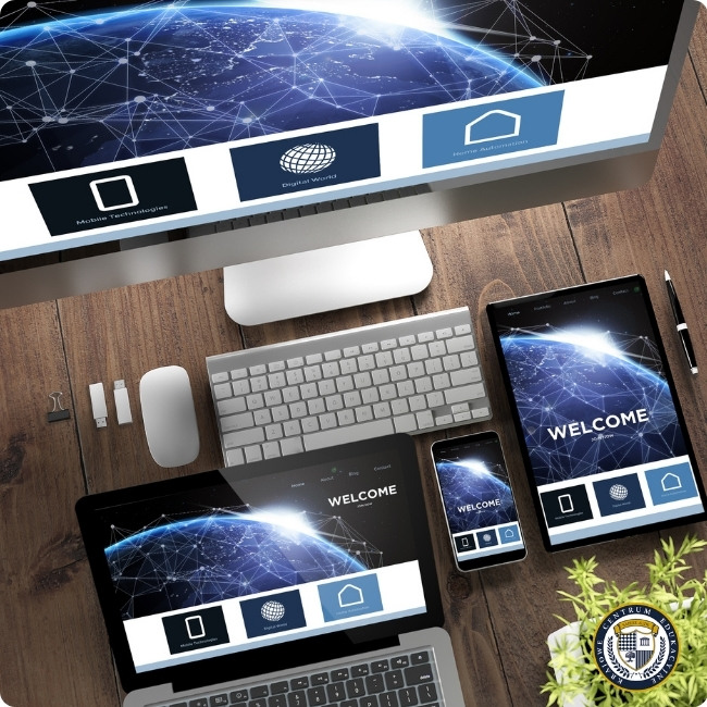 Responsywny design landing page wyświetlany na różnych urządzeniach - monitor, laptop, tablet i smartfon pokazujące spójną stronę docelową z nawigacją i efektem sieci globalnej
