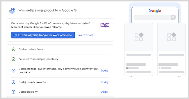 Zrzut ekranu produkty w Google w Merchant Center