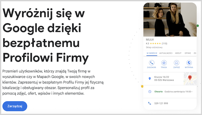 Google Profil Firmy - zrzut ekranu tworzenia wizytówki firmy
