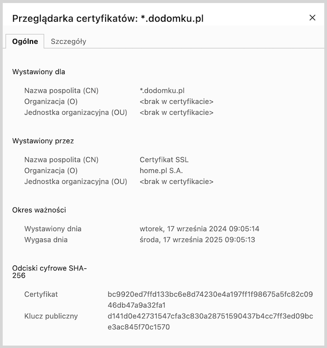 Zrzut ekranu "przeglądarka certyfikatów: dodomku.pl"