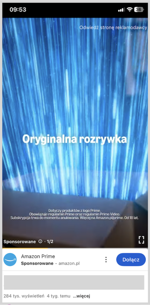 Zrzut ekranu reklama mobilna wideo na youtubie - amazon