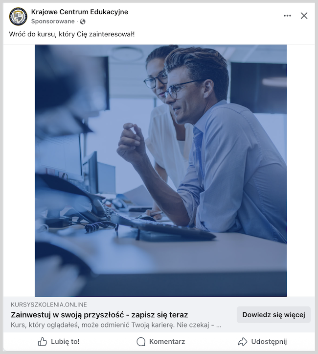 Zrzut ekranu reklamy na facebooku Krajowego Centrum Edukacyjnego