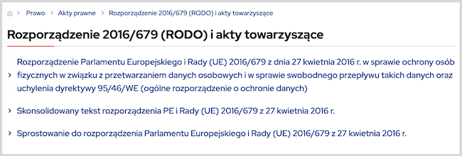 Screen: "Rozporządzenie 2016/679 (RODO) i akty towarzyszące"