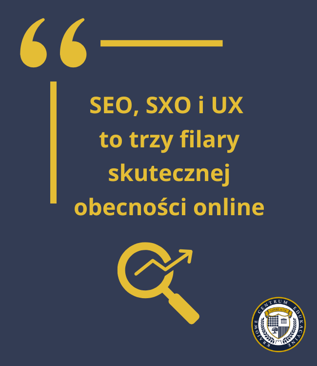 Infografika na granatowym tle z cytatem w złotym kolorze: 'SEO, SXO i UX to trzy filary skutecznej obecności online'. Cytat jest oznaczony dużym cudzysłowem na górze. Na dole znajduje się ikona lupy ze strzałką wzrostu oraz logo instytucji edukacyjnej w prawym dolnym rogu