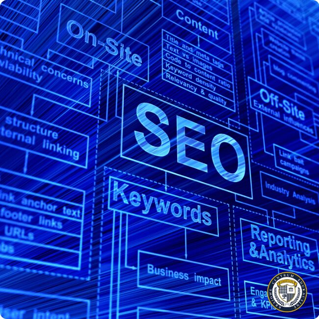 Niebieska sieć cyfrowych bloków z napisami SEO, Keywords, Content, On-Site, Off-Site i inne terminy optymalizacji stron