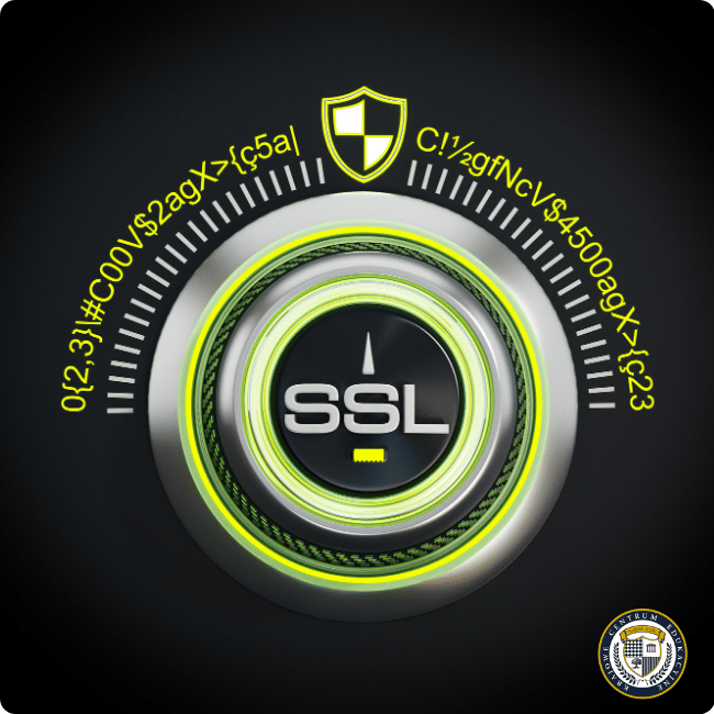 Grafika przedstawiająca symbol SSL otoczony zaszyfrowanym kodem i ikoną tarczy.