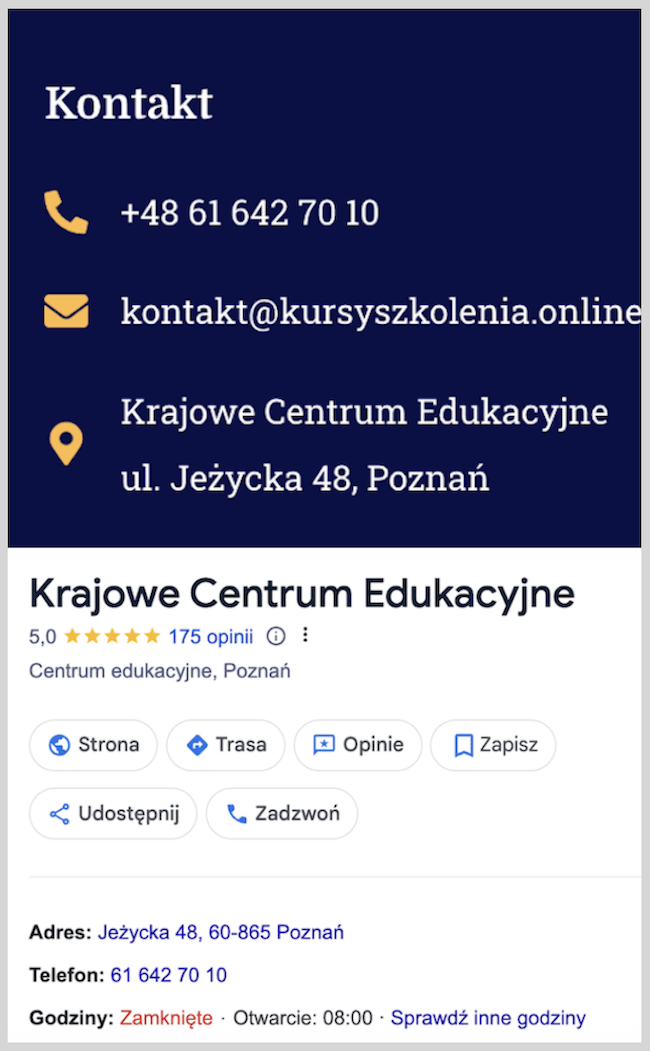 Zrzuty ekranu spójności adresu, nazwy i numeru telefonu firmy Krajowego Centrum Edukacyjnego